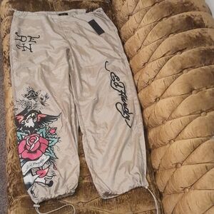 Ed Hardy Shiny Beige Graphic Joggers with Rose Design